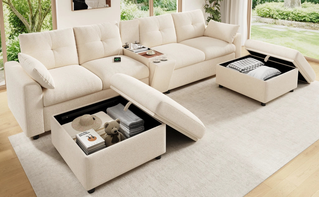 Divano angolare modulare 6 posti con 2 pouf contenitore e consolle centrale con USB e Type-C, in ciniglia beige