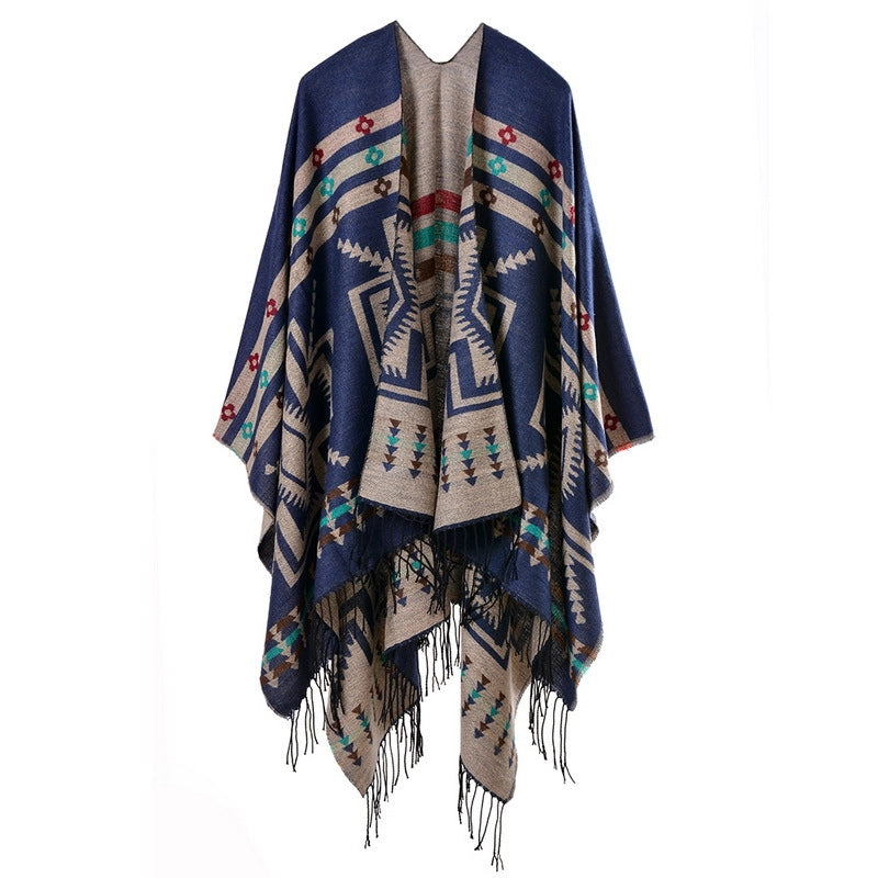 Sciarpa/stola lunga e spessa in cashmere con motivo a nappe incrociate, popolare in Europa e America.