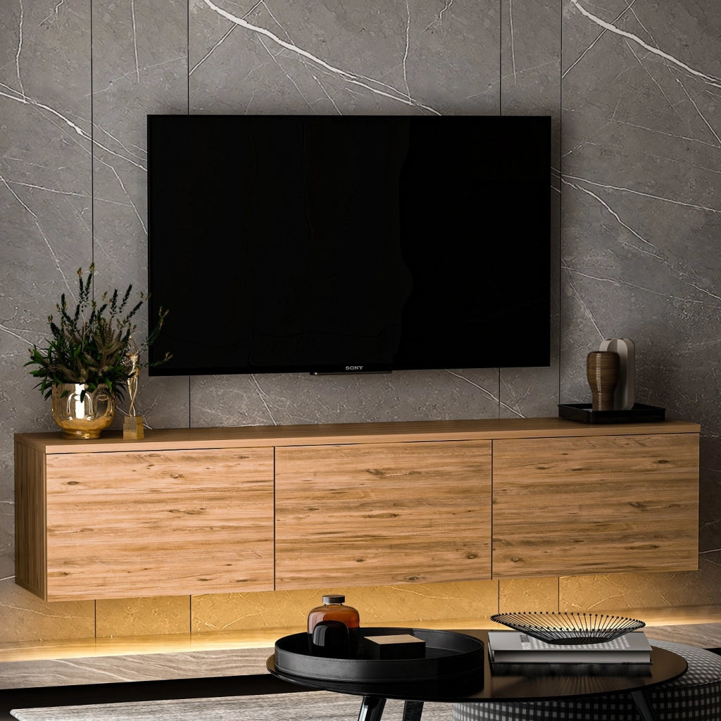 Porta TV in legno sospeso "illuminato al neon" con illuminazione a LED - 160 x 32 x 35 cm - Marrone
