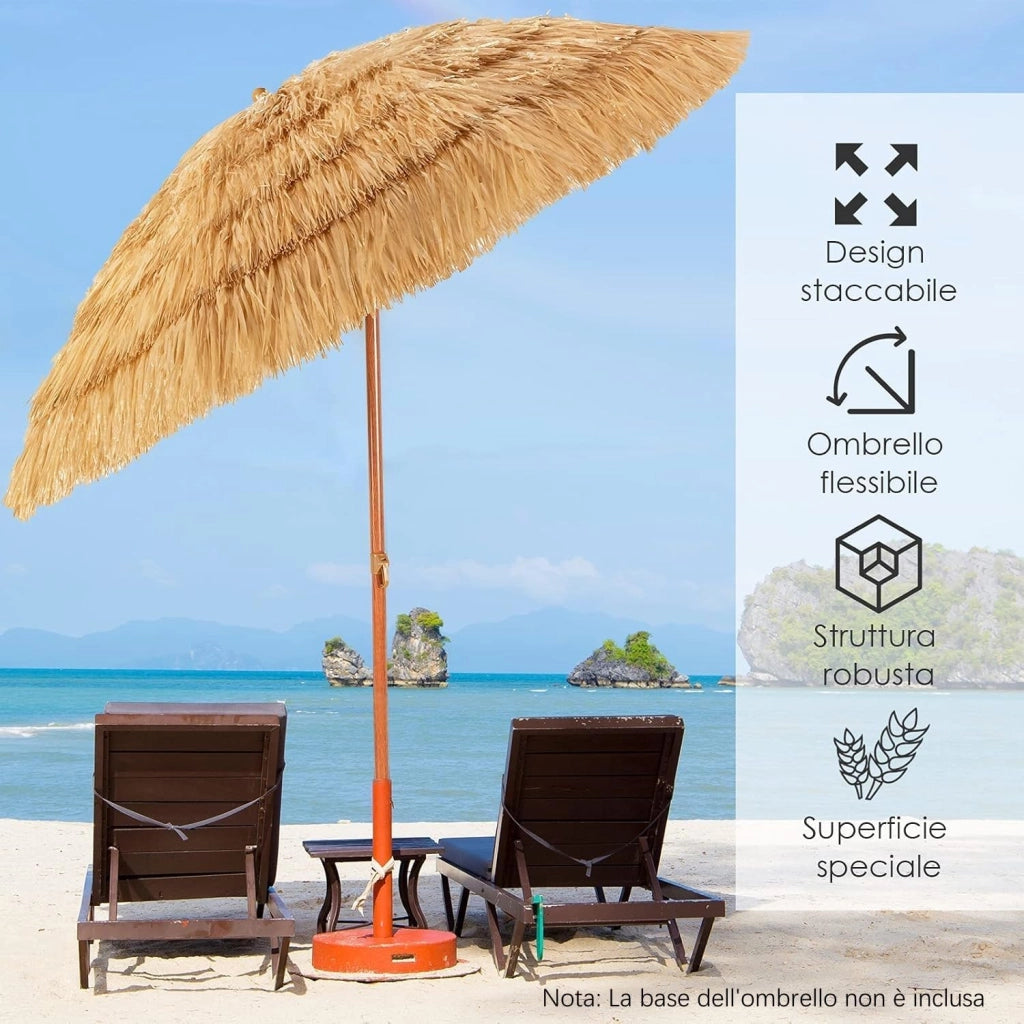 Ombrellone di Paglia 200 cm (Diametro Interno 175 cm), Ombrellone da Spiaggia Pieghevole, Parasole Hawaiano con Inclinabile in Metallo, Spiaggia e Balcone (Naturale)