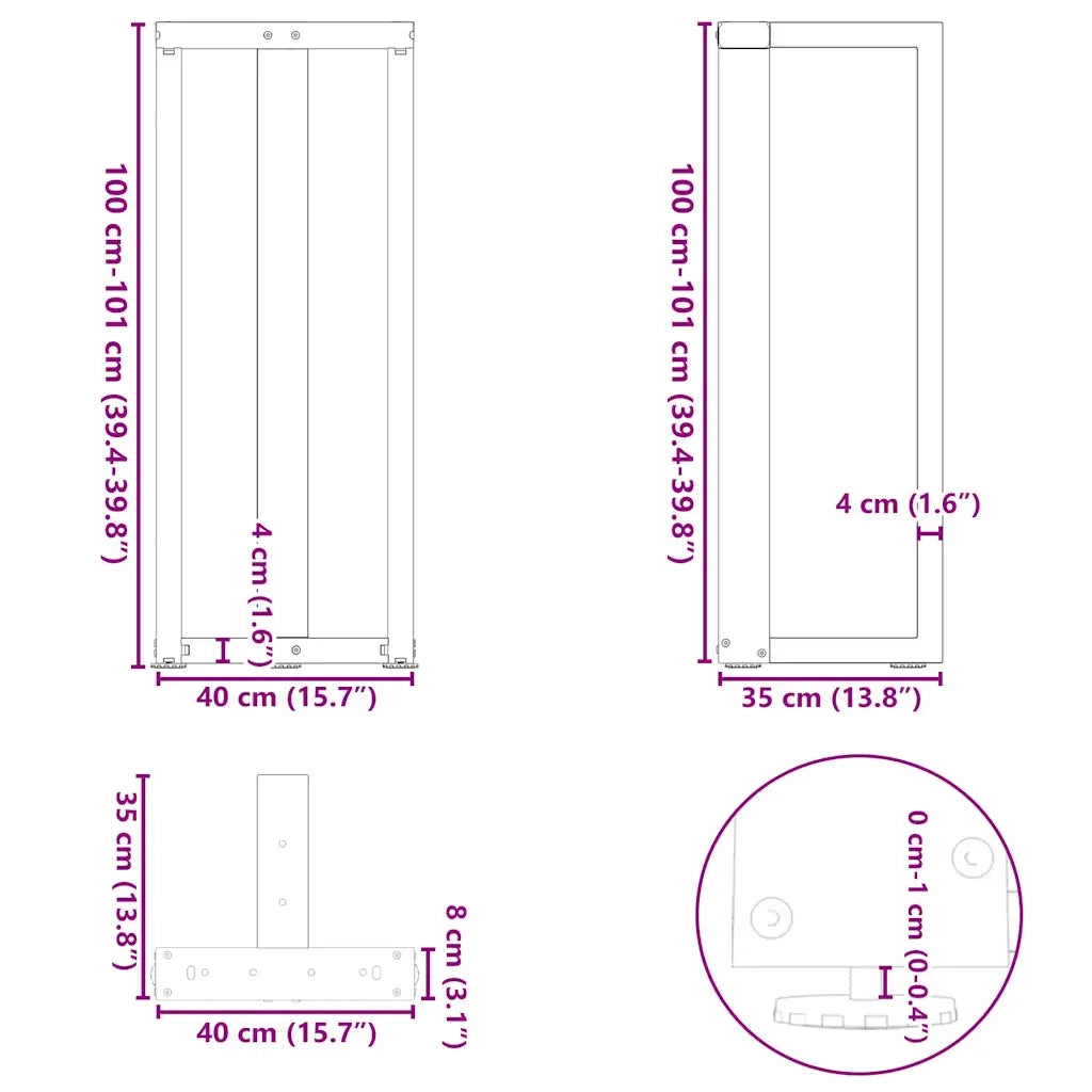 Gambe per tavolo da bar a forma di T 2 pz nere 40x35x(100-101) cm in acciaio 4013084