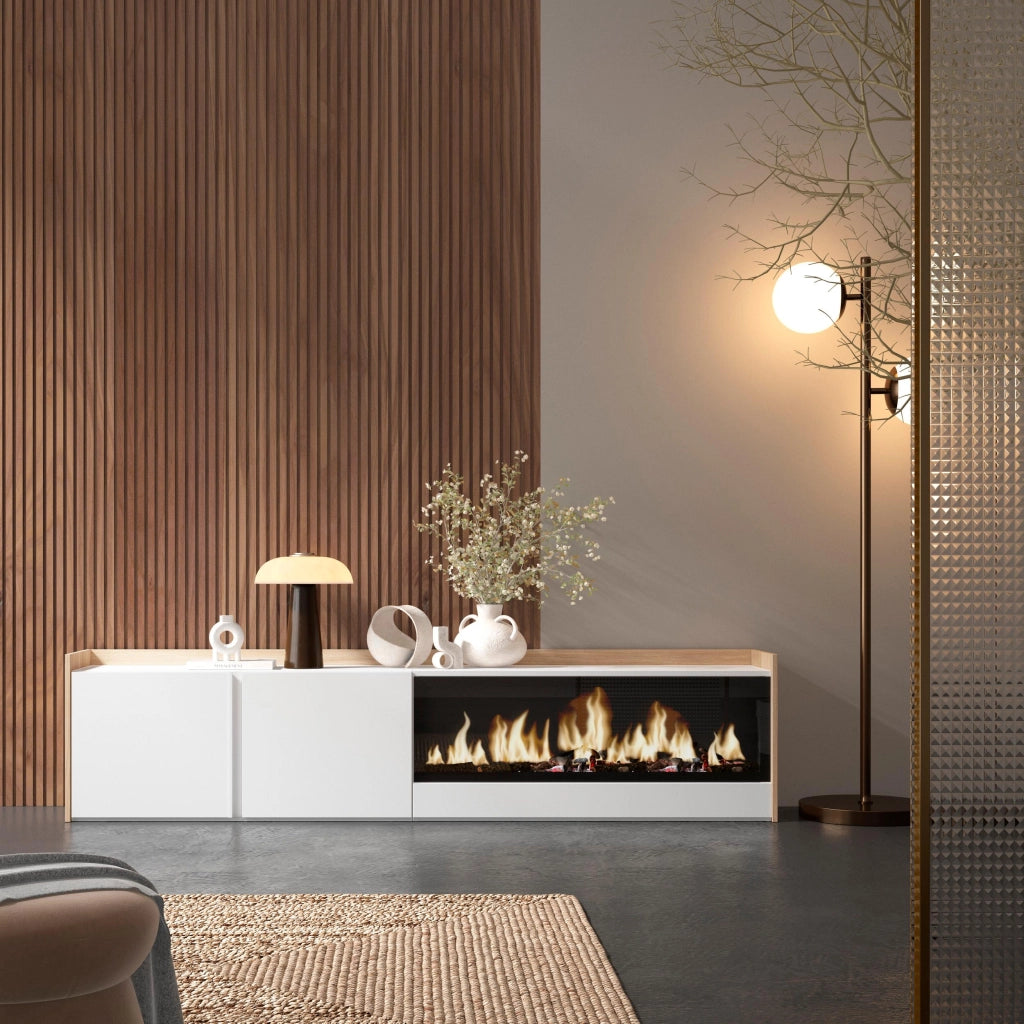 Mobile TV Soggiorno, 212x50x35 cm, Per TV fino a 80", Camino elettrico XXL, Bianco e Rovere soft