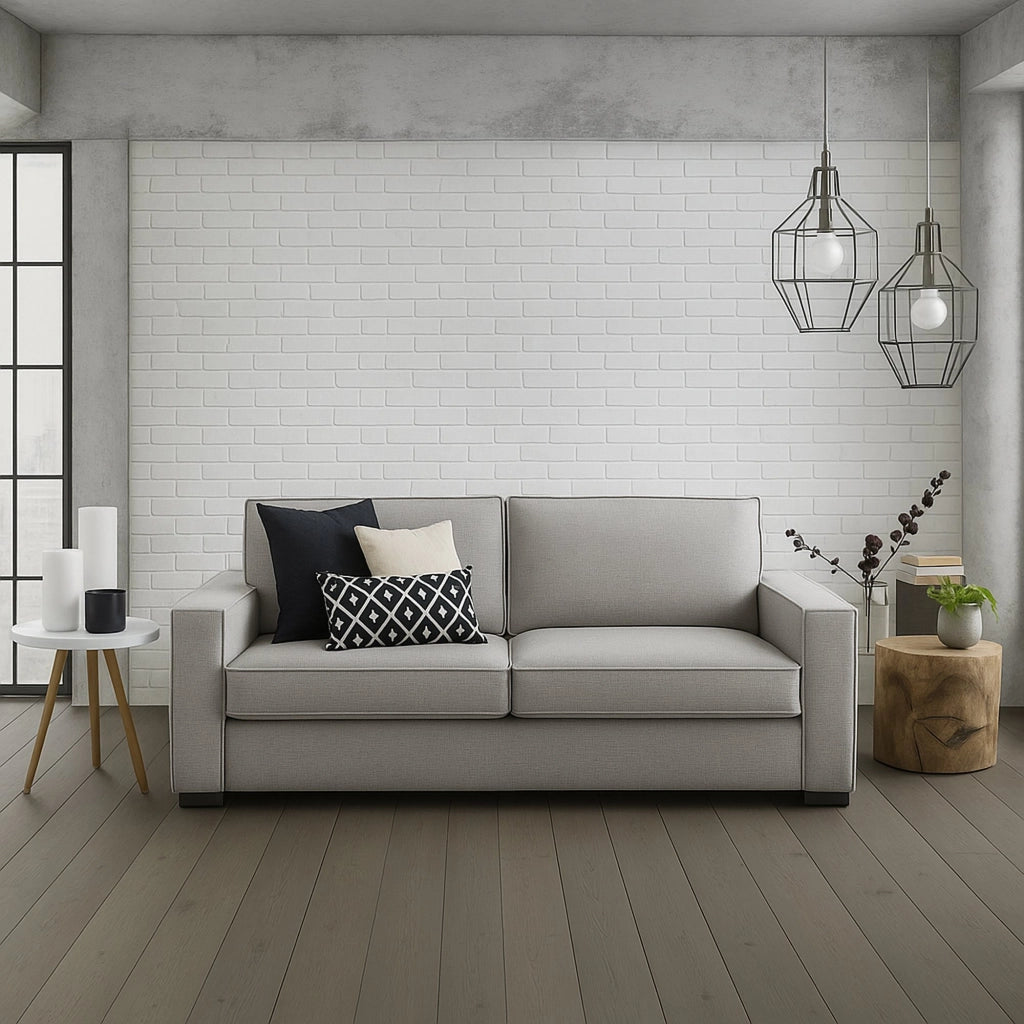 Divano fisso Abernathy, Divano a 3 posti, Made in Italy, SofÒ  Soggiorno in tessuto, con Braccioli slim, cm 200x95h90, Grigio