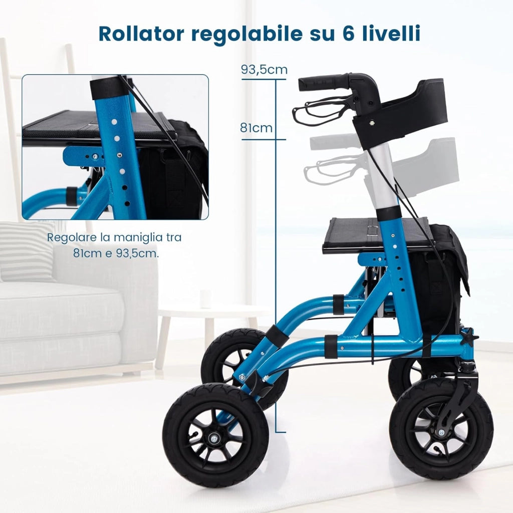 Deambulatore con Seduta 2 in 1, Rollator Pieghevole per Anziani con 4 Ruote, Maniglie Regolabili in Altezza 81-94cm, Portaombrelloni e Borsa Portaoggetti, Carico Massimo 160 kg (Blu)