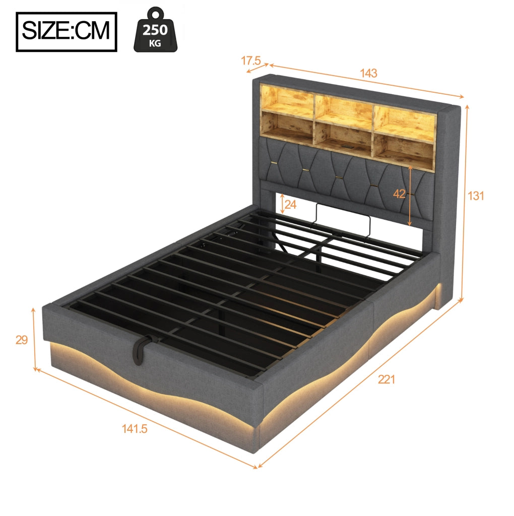 Letto matrimoniale 140x200 cm con contenitore; LED controllabile via app e USB; grigio