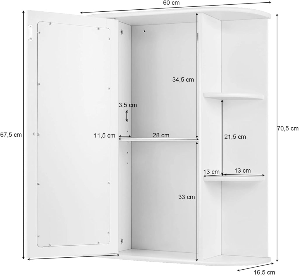 Armadietto al Muro con Specchio, Armadietto dei Medicinali Moderno, Organizer Bagno con Mensole, Ideale per Lavanderia Camerino e Salone, 60 x 16,5 x 70,5 cm (Bianco)