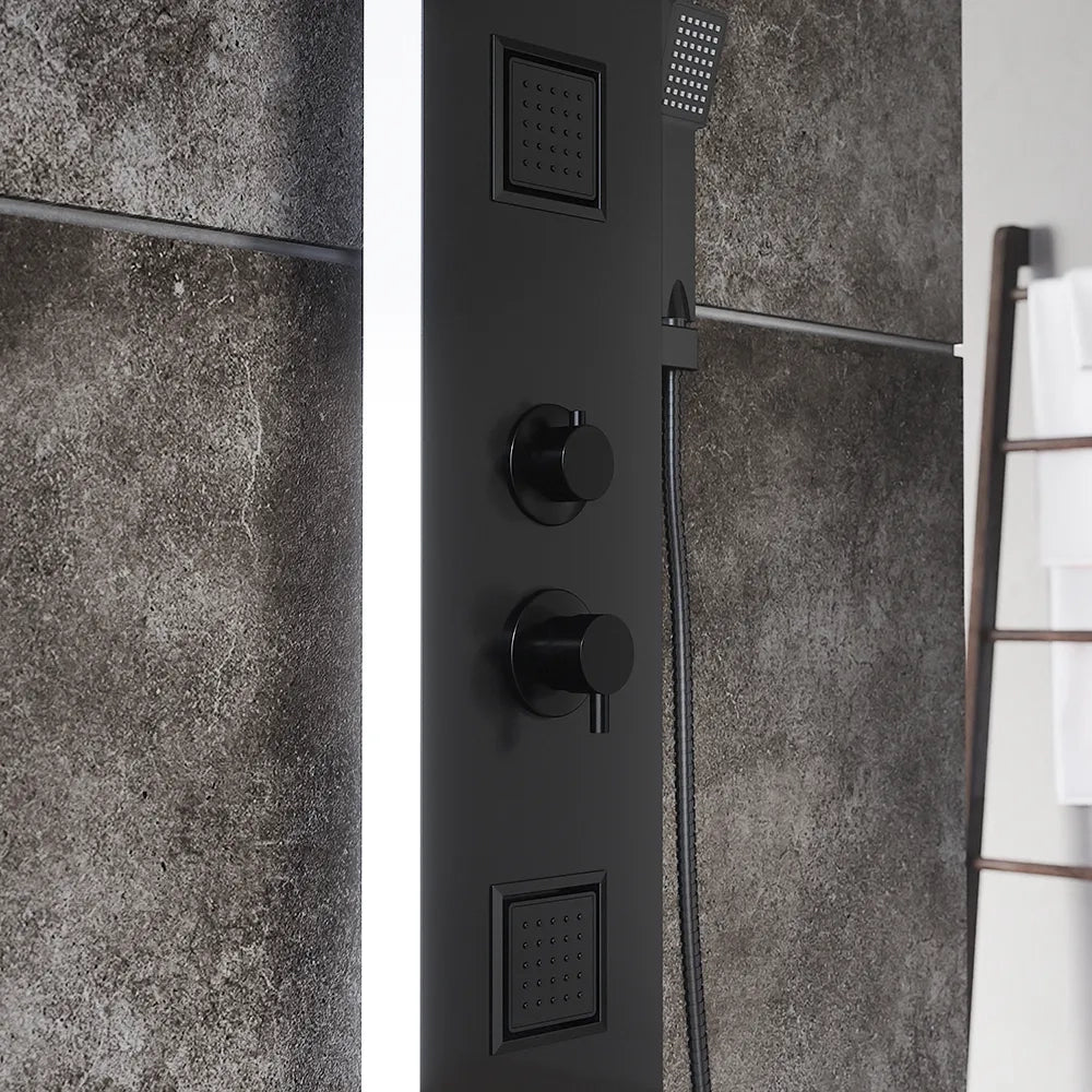 Pannello doccia in alluminio nero e back bianco con doccino, 4 funzioni |  Tago