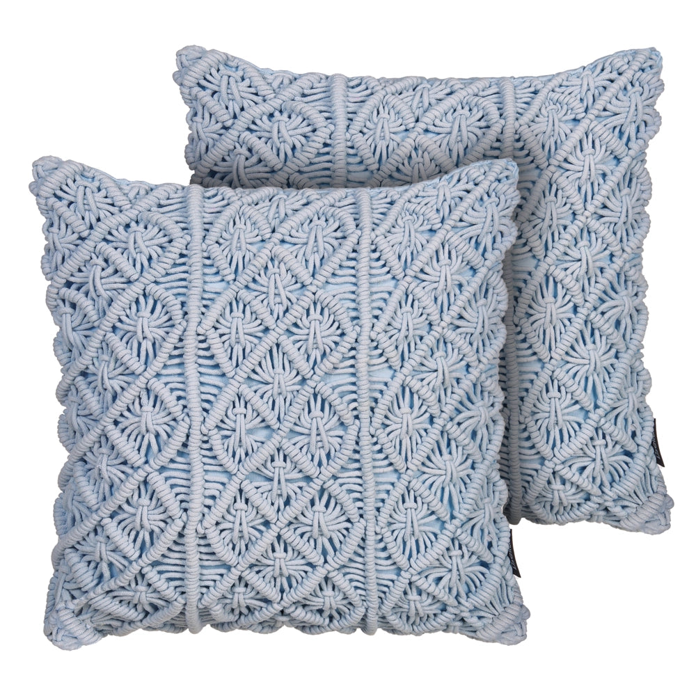 Set di 2 cuscini decorativi blu cotone macramè 40 x 45 cm corda Boho Retro Decor accessori
