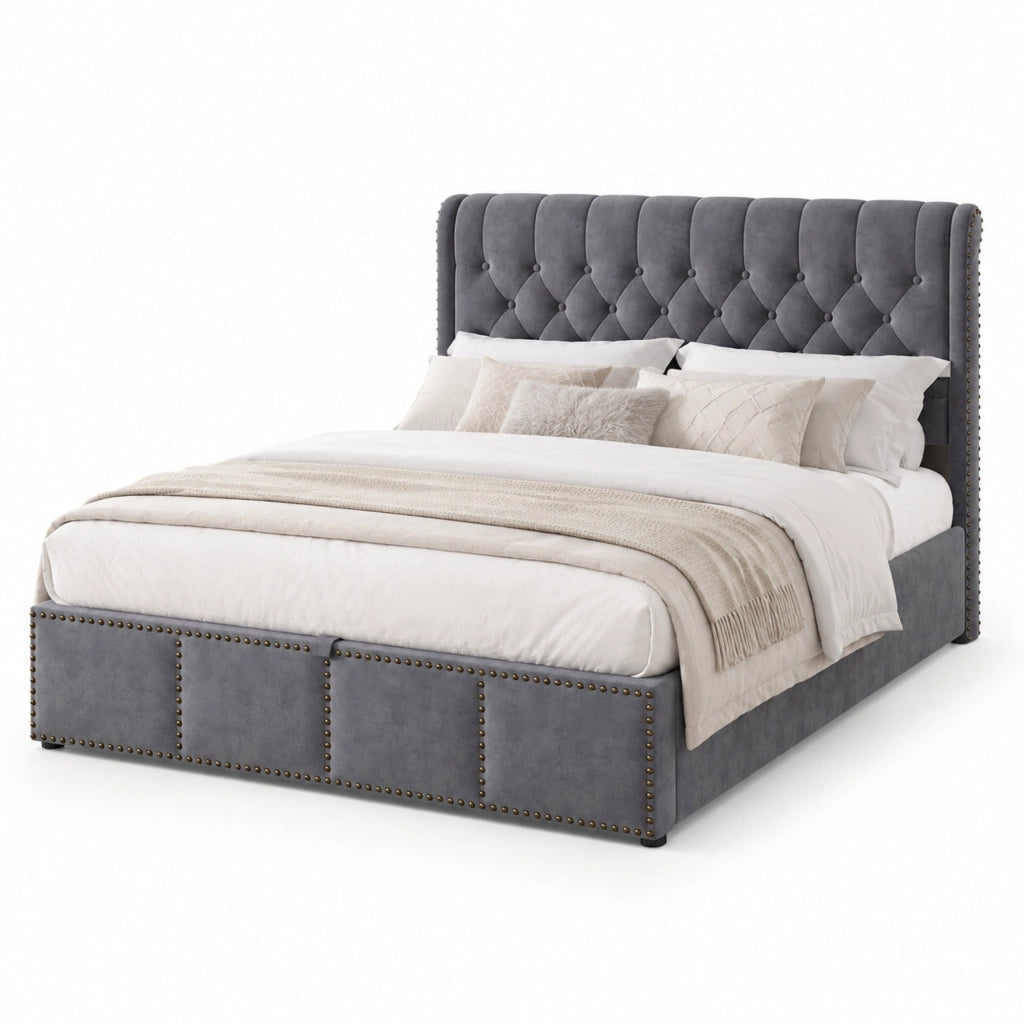 Letto imbottito in velluto grigio 180x200 cm con contenitore, rete a doghe inclusa, senza materasso
