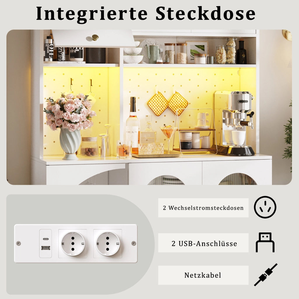 OKWISH Credenza alta da cucina, 2 ante, 1 cassetto e vani aperti, LED e prese integrate, MDF, 120 x 40 x 176 cm