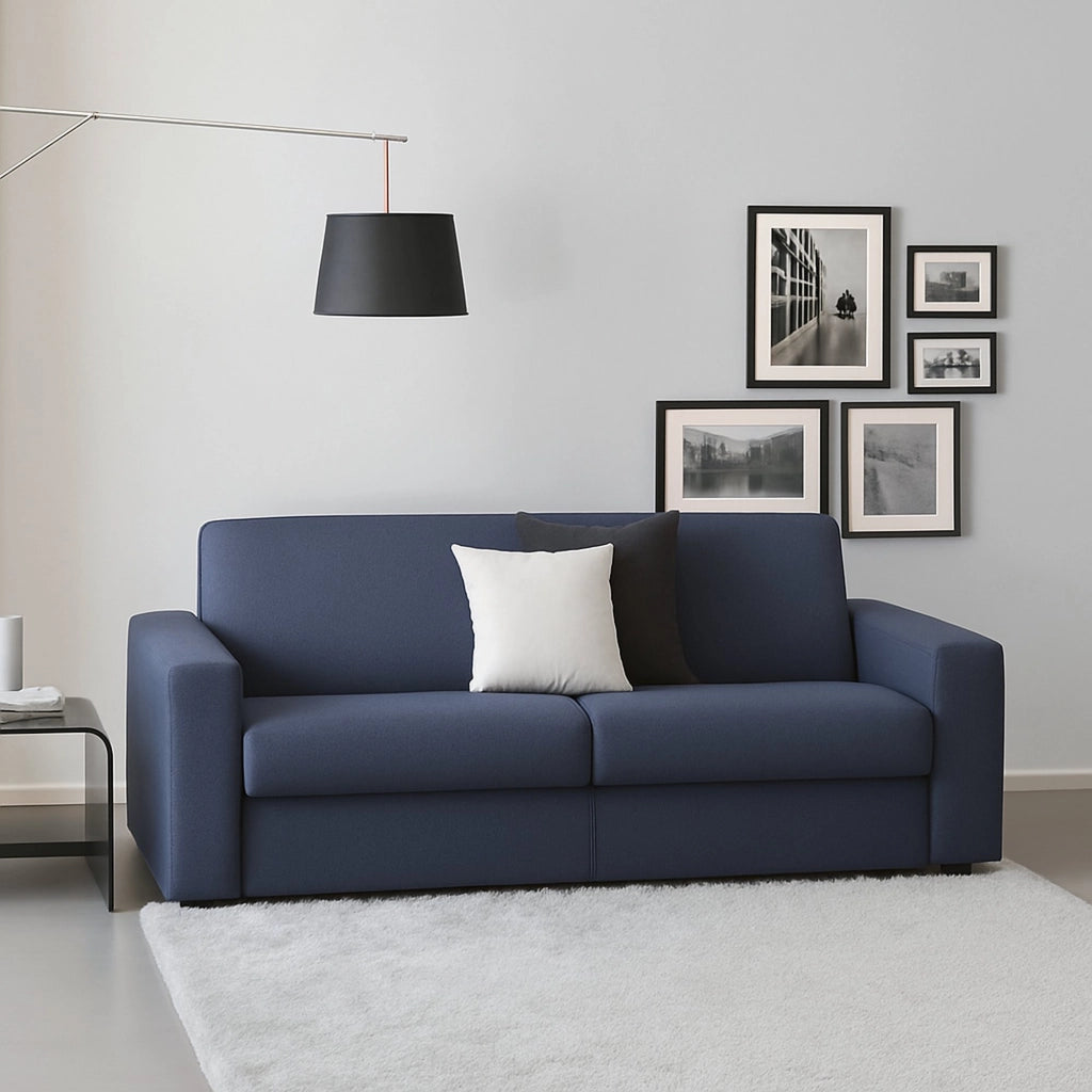 Divano fisso Cianite, Divano a 2 posti Large, Made in Italy, SofÒ  Soggiorno, in tessuto imbottito, con Braccioli slim, cm 180x95h90, Blu