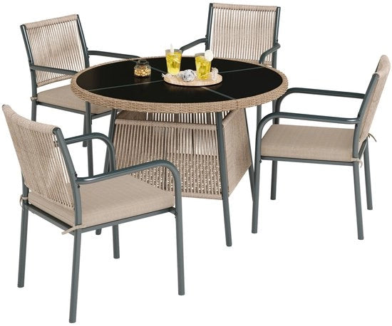 Set di Mobili da Giardino - Rotang - Tavolo a Rondi - 4 Sedie - Struttura in Acciaio
