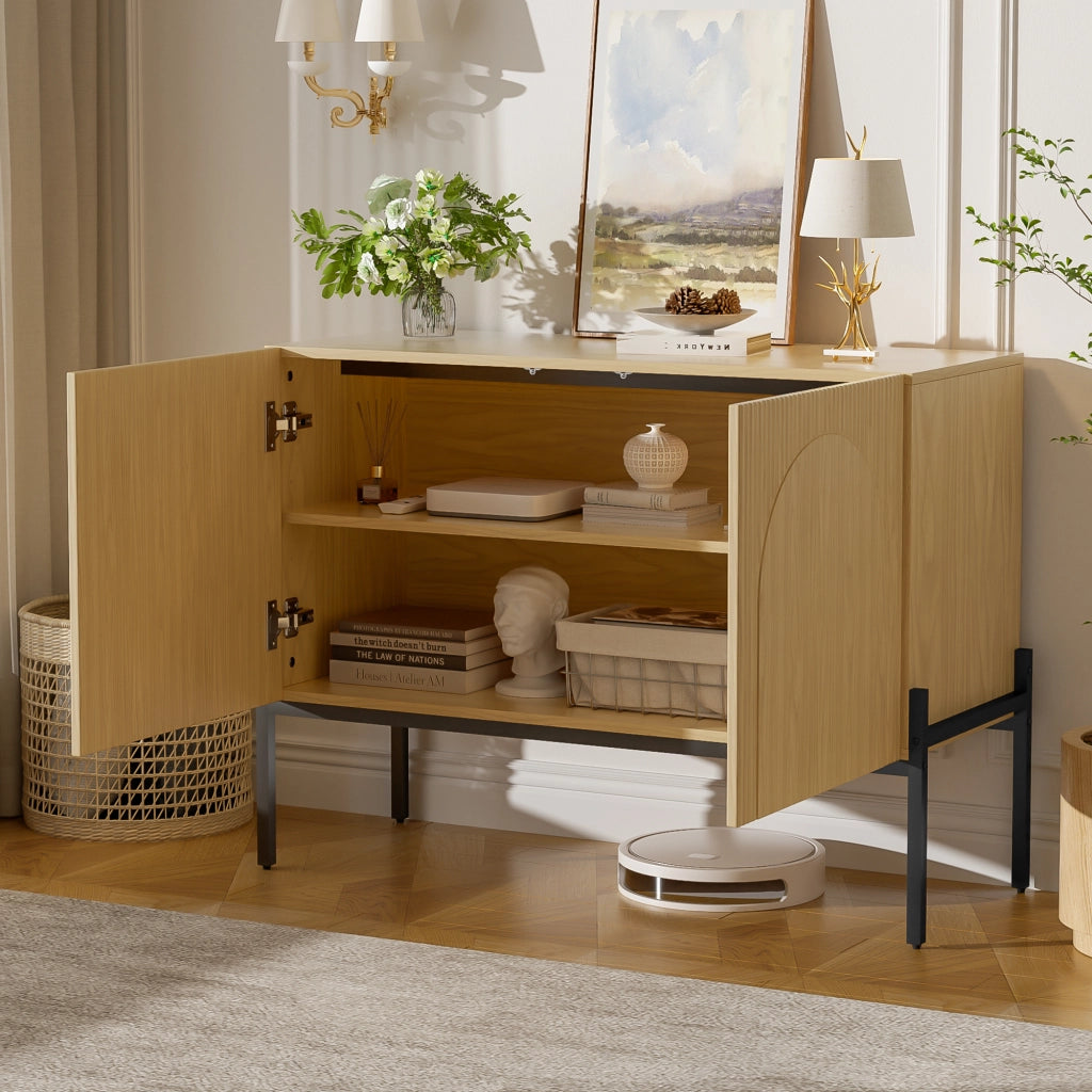 Credenza con 2 ante e gambe in metallo, design ad arco per soggiorno e sala da pranzo, naturale, 100 × 40 × 75 cm