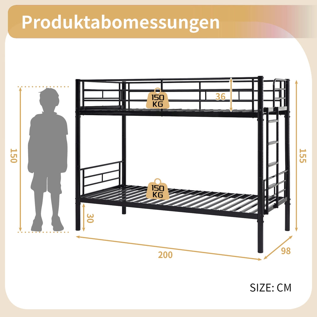 Etagenbett mit Sicherheitsgel?nder metallo nero 90x200 cm