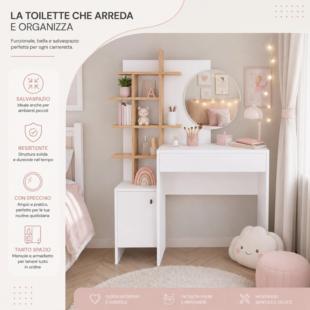 Toeletta Trucco 105x35x151 cm Postazione Make Up con Specchio Rotondo Bianco e Mensole Quercia