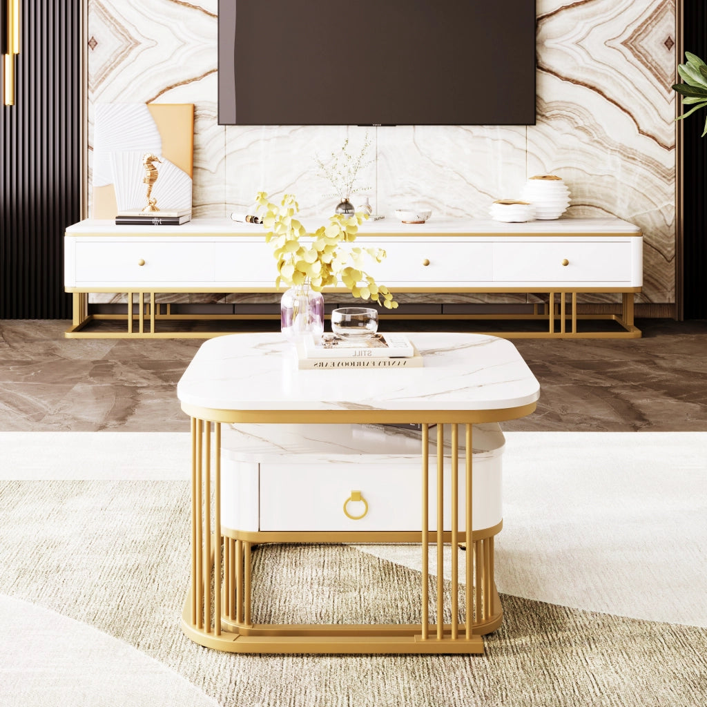 Tavolini da Caffè Nidificabili con 1 Cassetto; Effetto Marmo Lucido; Struttura in Metallo Dorato; Stile Moderno; in MDF; Bianco; 60×60×45+50×50×34 cm