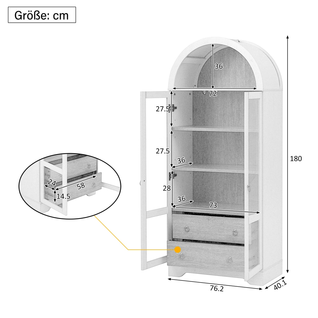 Credenza alta con 2 ante in vetro; 2 cassetti e ripiani regolabili per cucina; in MDF e vetro; 76.2×40.1×180 cm; bianco