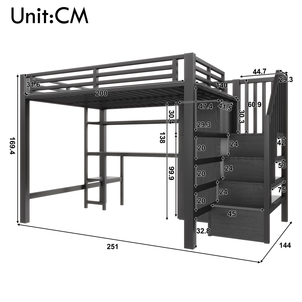 Letto a castello nero in metallo e MDF con scrivania scaffale armadio e scala portaoggetti 140x200 cm