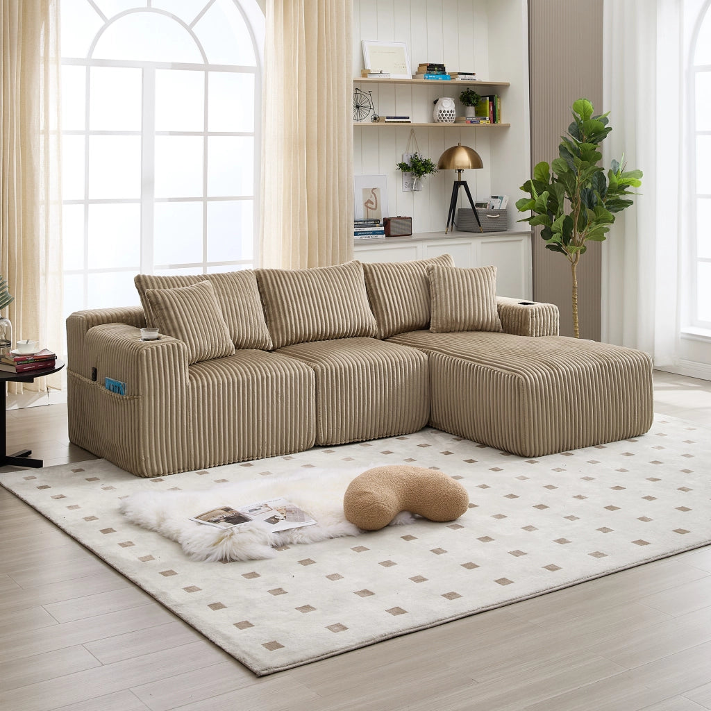Divano modulare con chaise longue e 2 posti, rivestimento in corduroy, 5 cuscini, tasche laterali e portabicchieri