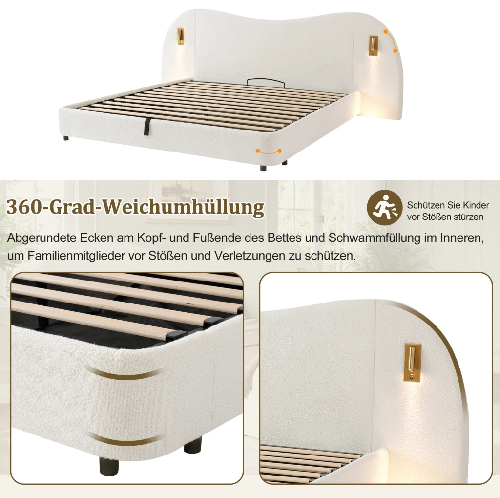 Letto matrimoniale contenitore con alzata idraulica; USB e luci; in bouclé bianco
