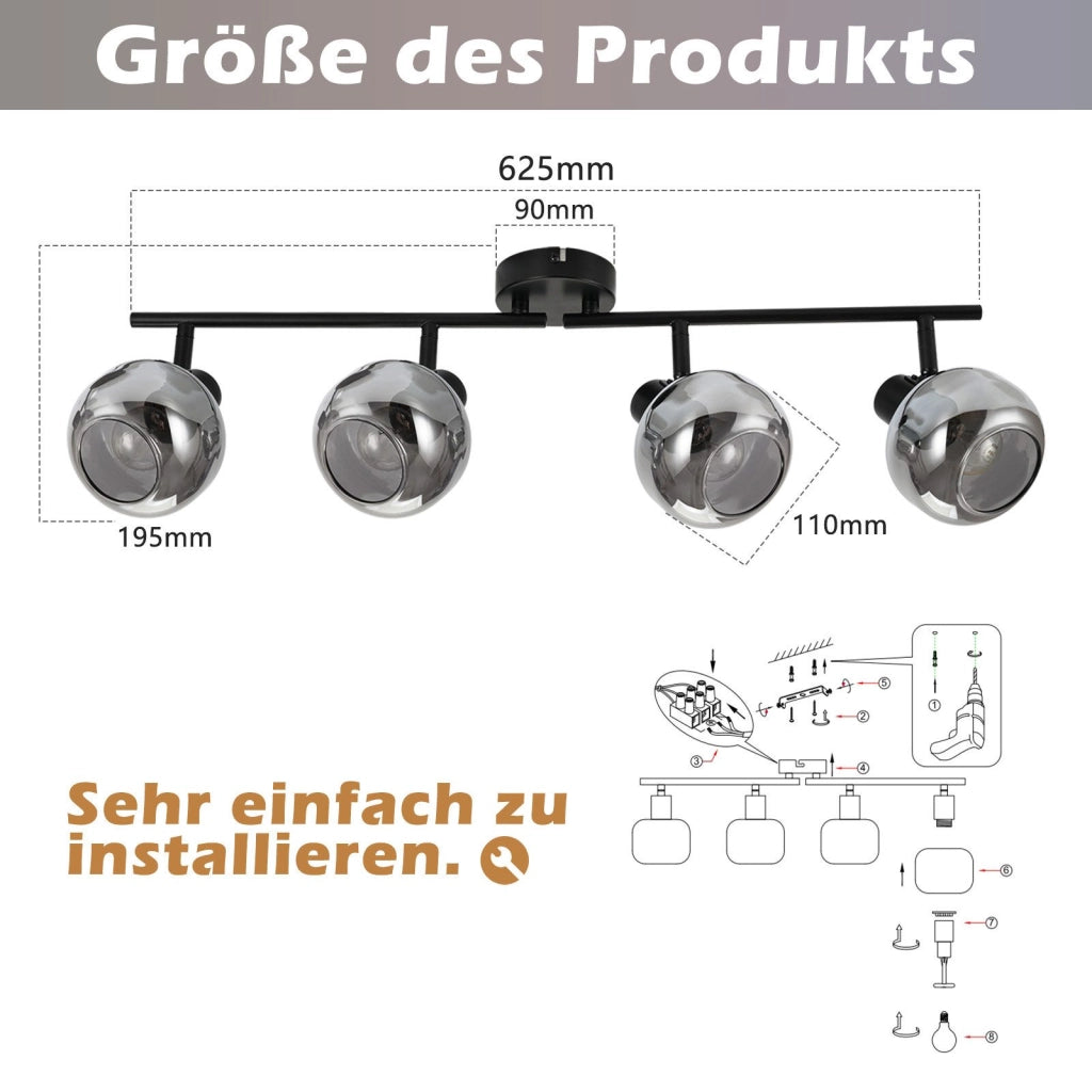 ZMH Faretto da soffitto vetro grigio fumé girevoli 350° retrò per soggiorno cucina corridoio