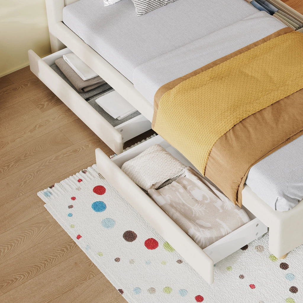 Letto per bambini 90x200 cm con 4 cassetti in velluto francese beige