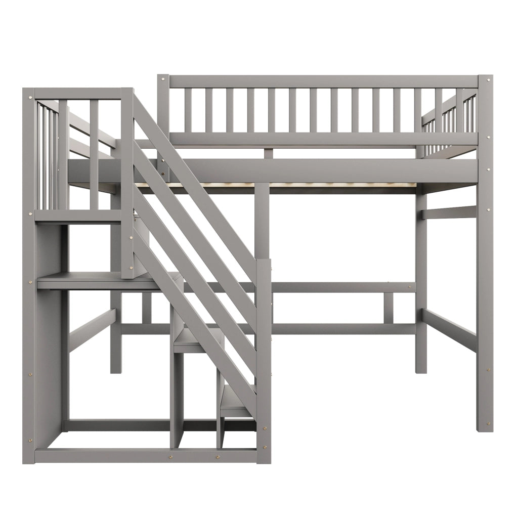 Letto a soppalco 140x200 cm con scala contenitore in pino; compensato e MDF grigio