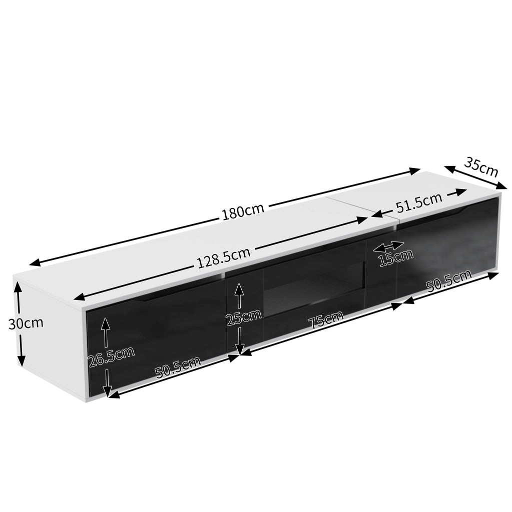 Mobile TV bianco e nero con frontale scanalato; LED a 16 colori; 180 × 35 × 30 cm