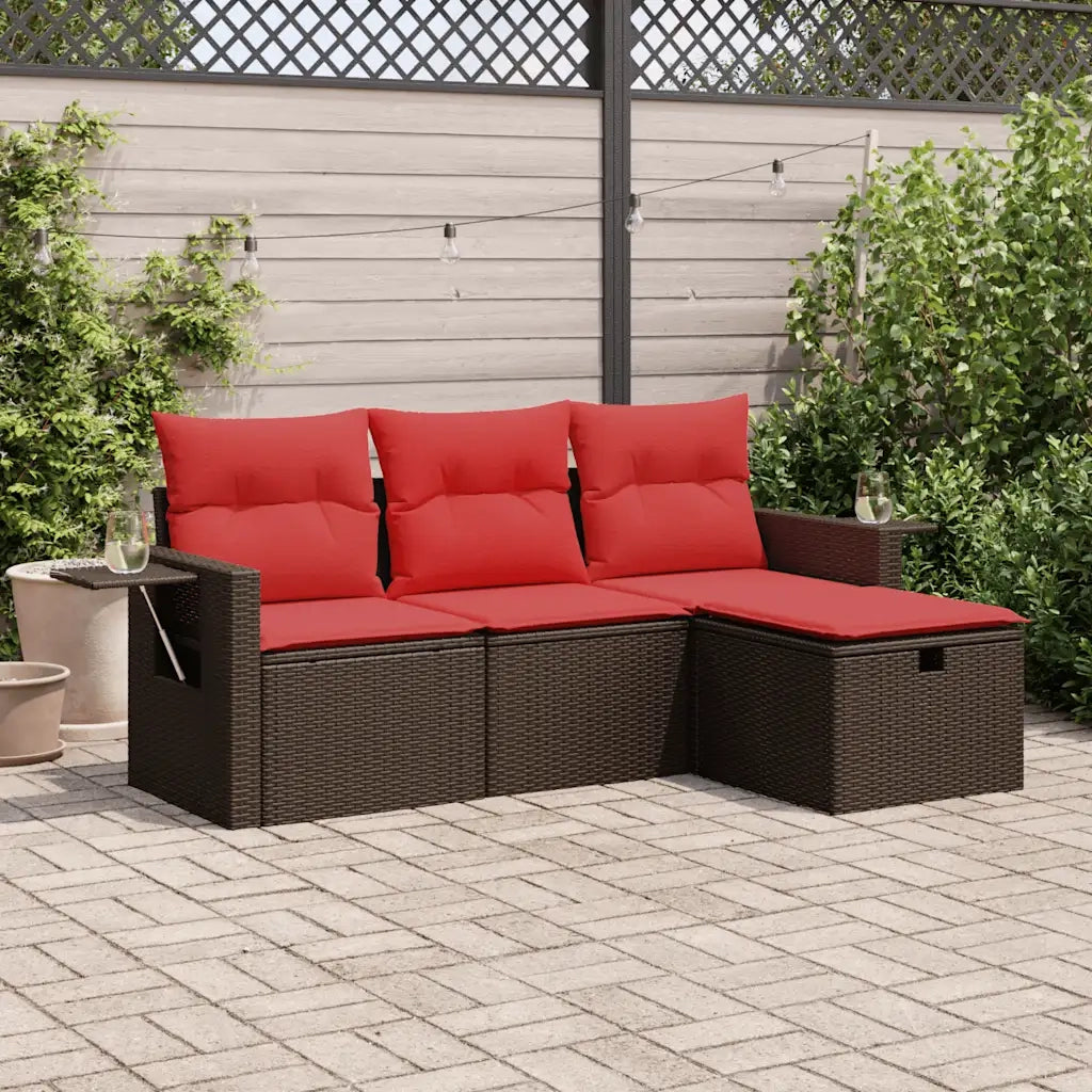 Set Divano da Giardino 4 pz | Set Salotto da Giardino con Cuscini Marrone in Polyrattan