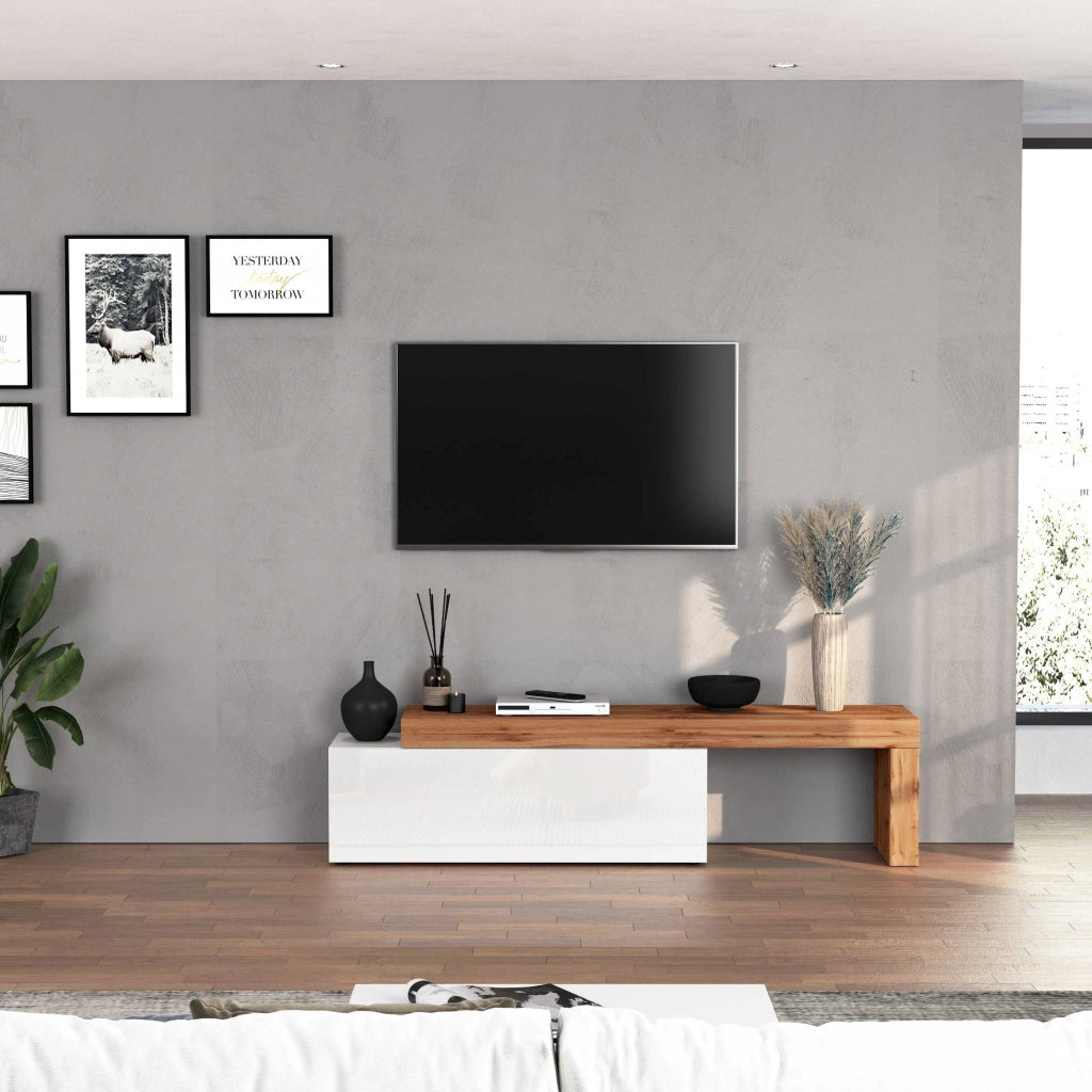 WHOUS Mobile porta tv Chronos estensibile con 1 anta a ribalta bianco/rovere 180/290x40x51 cm