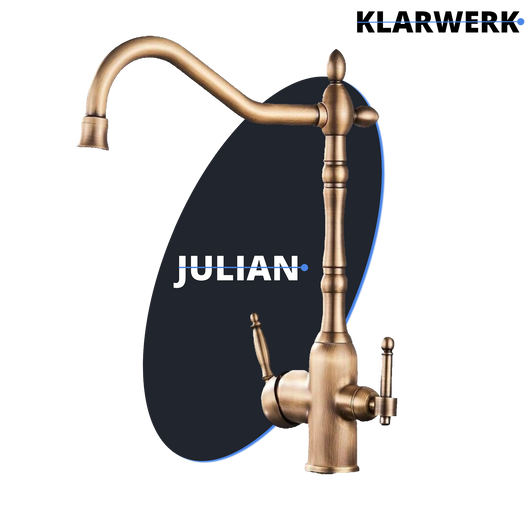 Julián | Estera filtro brillante dorado vintage de 3 vías | Grifo  Osmosis Acero Inoxidable Catering Cocina | monomando Retro filtro 360° 3 conexiones