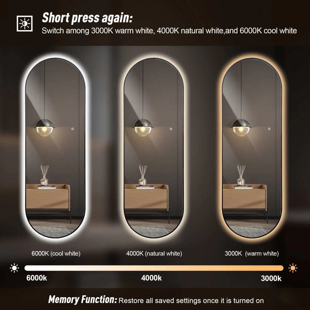 Specchio a figura intera a LED con cornice in alluminio nero; specchio da parete a capsula dimmerabile per camera da letto e bagno