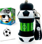 Bottiglia di plastica siliconizzata pieghevole con cinghia - Onda di calcio per bambini - 550 ml - Spazzola per pulizia - Chiave per calcio per bambini