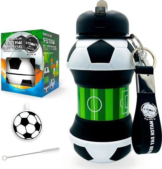 Bottiglia di plastica siliconizzata pieghevole con cinghia - Onda di calcio per bambini - 550 ml - Spazzola per pulizia - Chiave per calcio per bambini