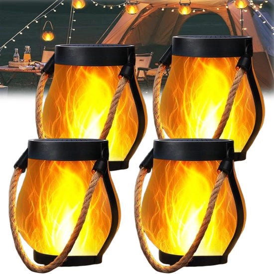 Faro di Halloween - 4 Lampade a Energia Solare con Effetto Fiamma Reale per Esterno | Decorazione di Halloween Acquatica Blu con Modalità di Ricarica Doppia (Energia Solare & USB) | Incluso Sistema di Sostegno per Giardino e Terrazza | Luce Bianca Calda