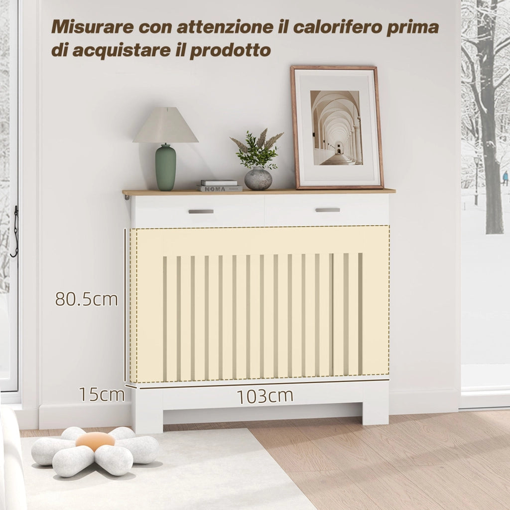 Copritermosifone a Doghe Antiribaltamento 112x19x97 cm con Vano Contenitore in Legno Bianco