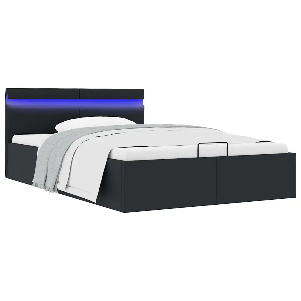 Letto matrimoniale | Letto per adulti | Giroletto Contenitore Idraulico LED Nero Similpelle 140x200 cm