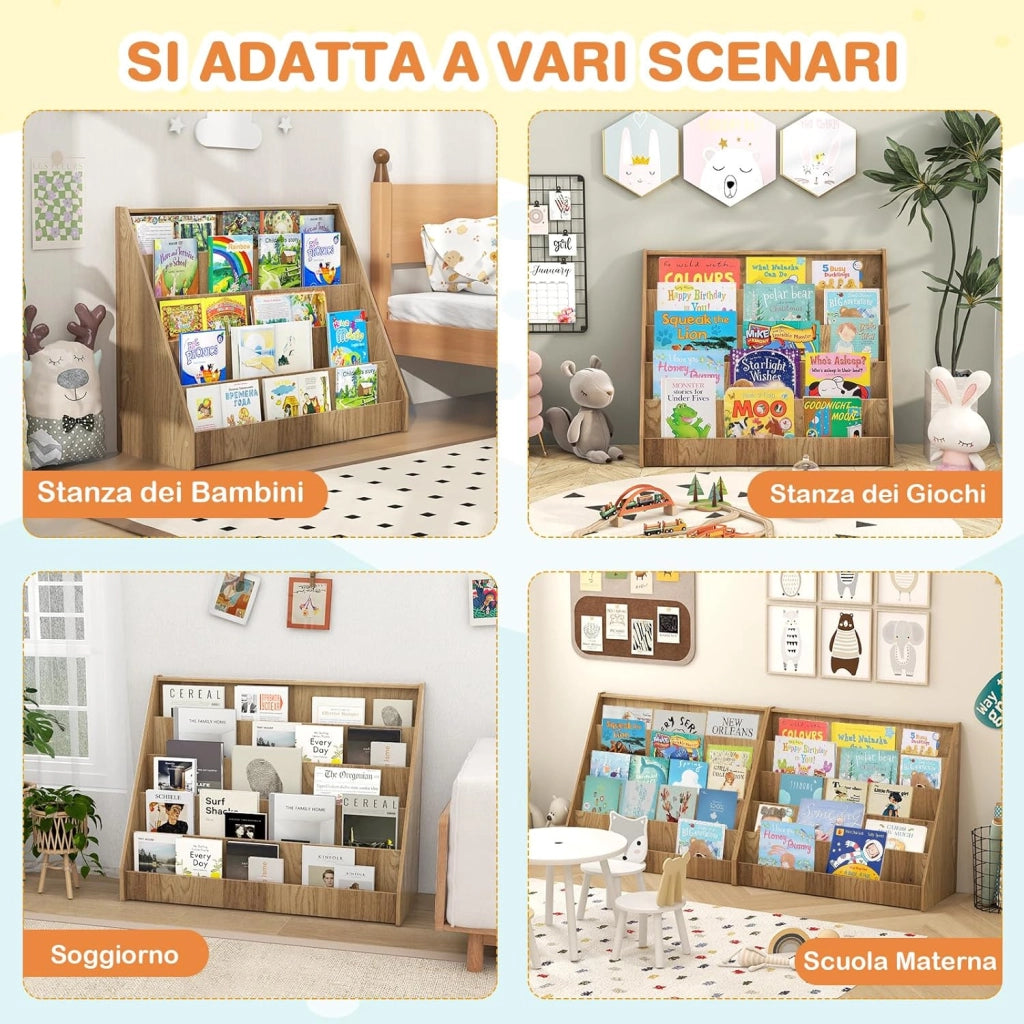 Libreria Montessoriana per Bambini a 5 Livelli, Scaffali Espositivi con Spazio Nascosto sul Retro e Antiribaltamento, per Cameretta, Soggiorno e Asilo Nido, 91 x 38 x 76,5 cm (Naturale)