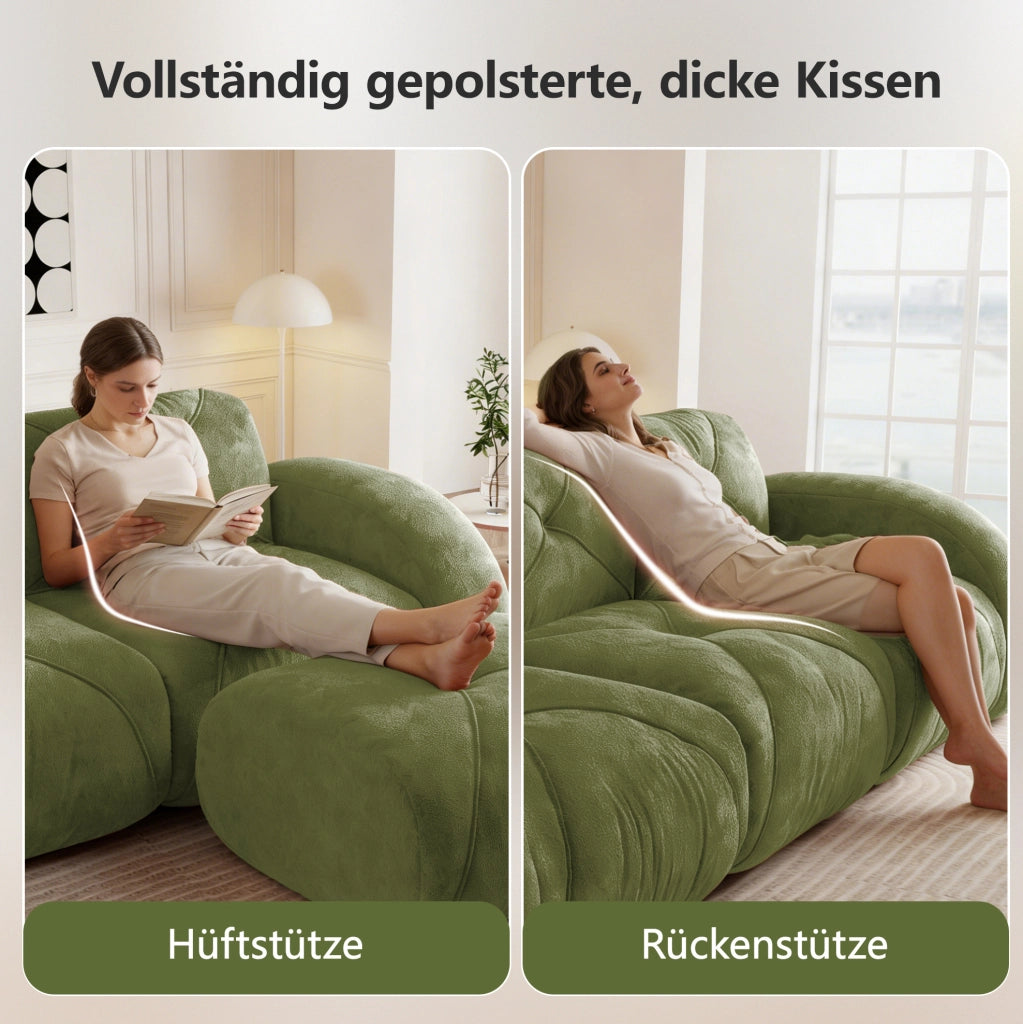 Divano modulare 2 posti con pouf 204x171x76 cm in chenille verde; design senza telaio