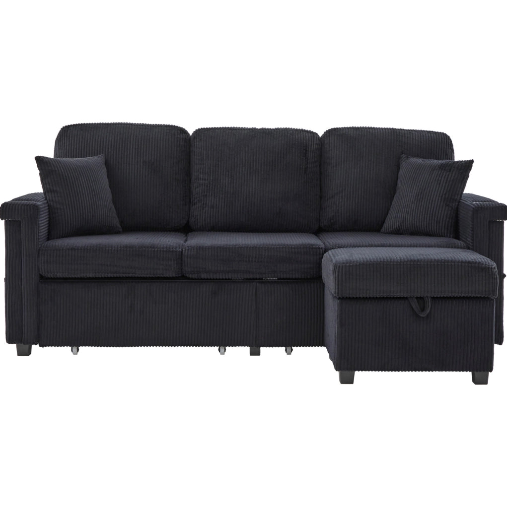 Divano 194x73x81 cm con LED; USB/TYPEC; tasche e cassetti; in velluto a coste nero