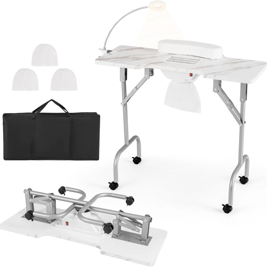 Tavolo manicure pieghevole con aspiratore elettrico e borsa da trasporto, Scrivania portatile unghie con luce led Bianco-Scrivanie