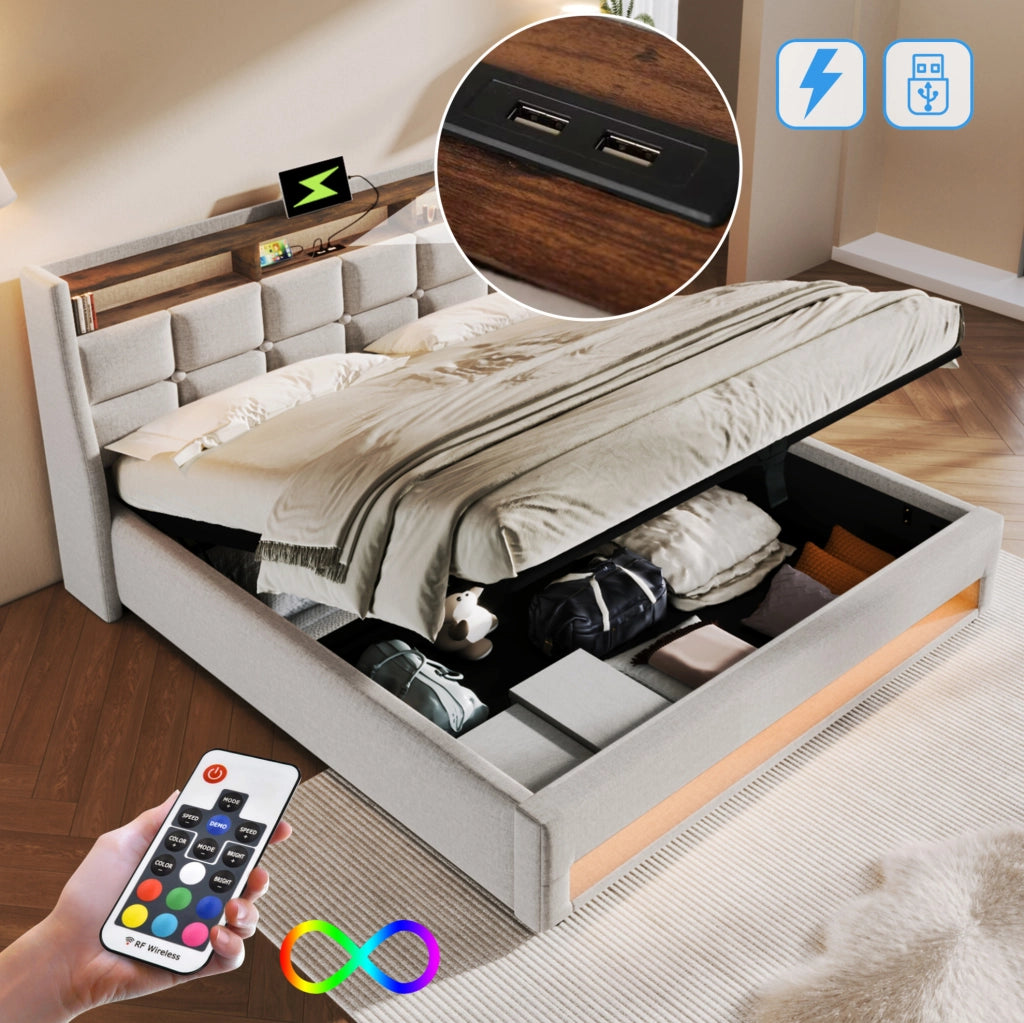 Letto imbottito beige chiaro 160 x 200 cm con LED, USB e contenitore