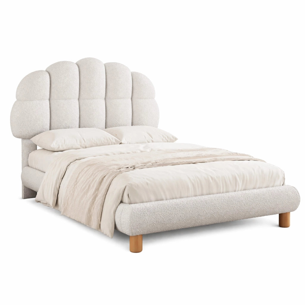 Letto singolo imbottito 90x200 cm, testiera semicircolare, struttura in MDF e rete a doghe, bianco