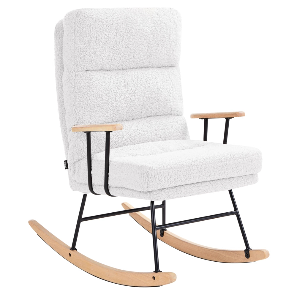 Sedia a dondolo Rivestimento in Boucle bianco sporco Gambe in legno e gomma Schienale reclinabile Soggiorno