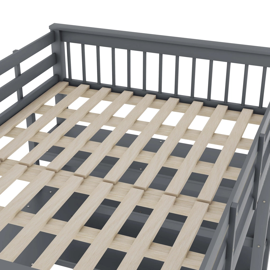 OKWISH Letto a Soppalco 140×200 cm, Letto Matrimoniale con Scrivania, Scaffali e Vani Contenitore, senza Materasso, Grigio