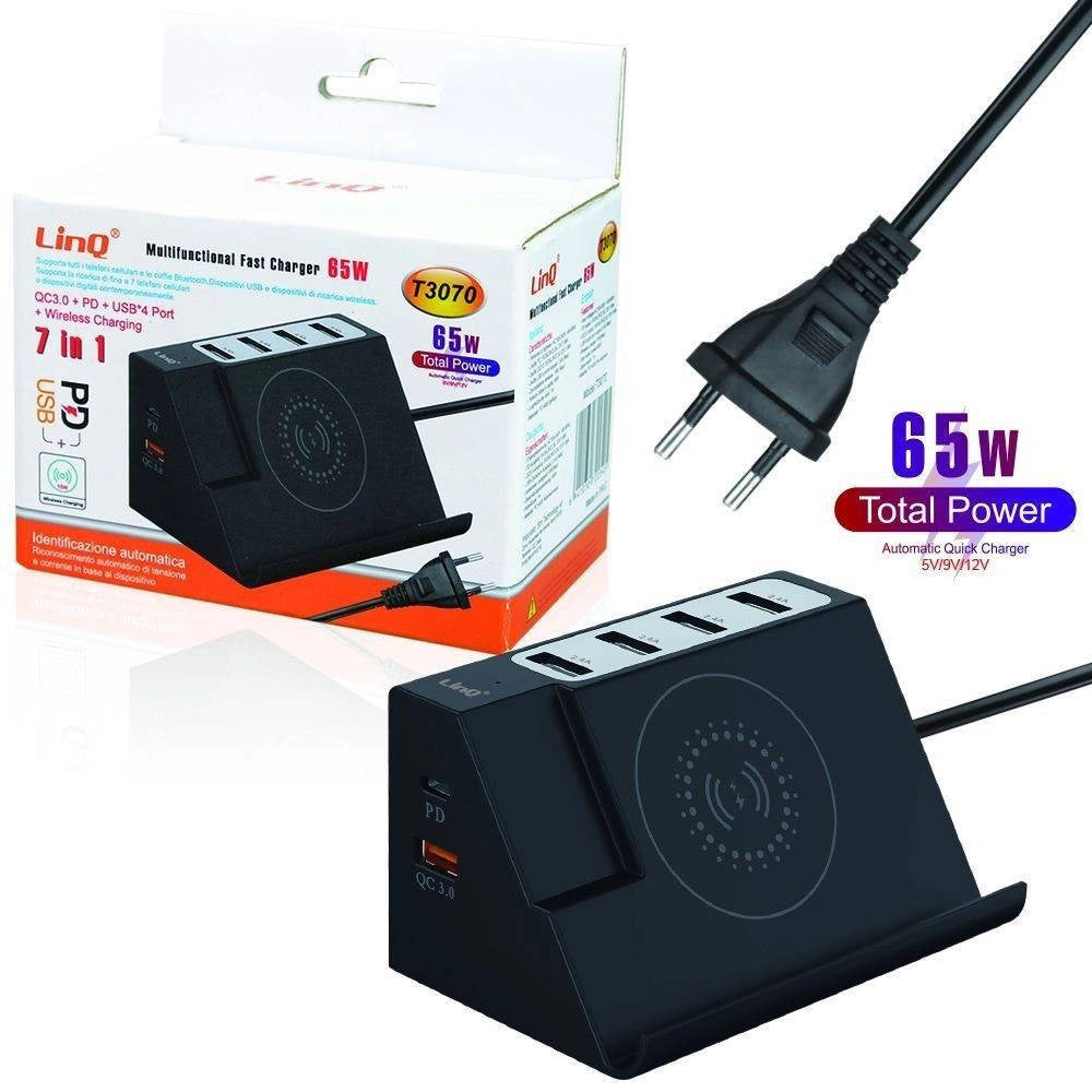 Trade Shop - Caricabatterie Multifunzione 7 In 1 65w Ricarica 4 Usb Wireless Qc 3.0 Pd T3070 -