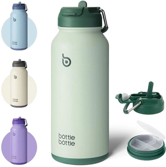 Fles Flessa in Acciaio Inossidabile da 1L con Beccuccio – Biberon Isolato per Sport e Palestra, con Cassetta per Medicinale, BPA Zero, Doppio Strato (Verde)