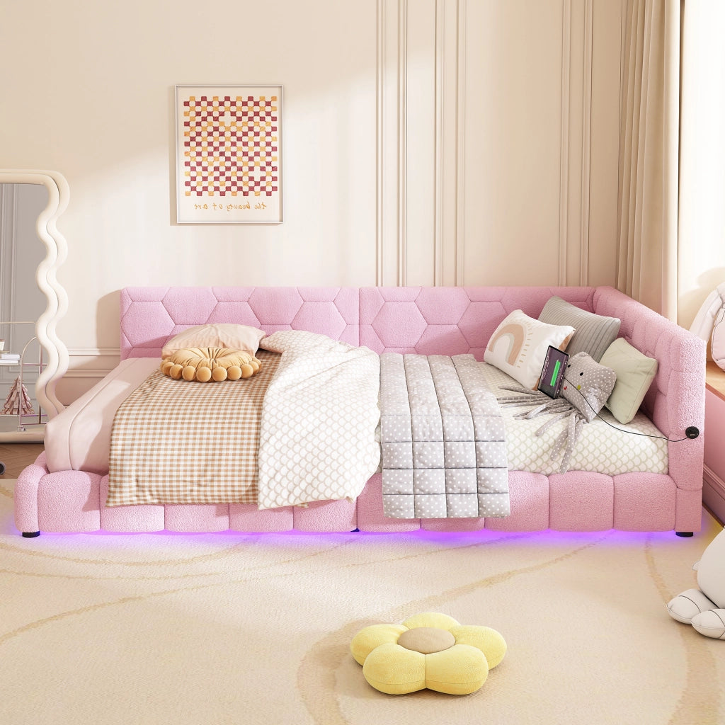 Letto matrimoniale 140×200 cm con LED; USB; Type-C e rete; senza materasso; velluto; rosa