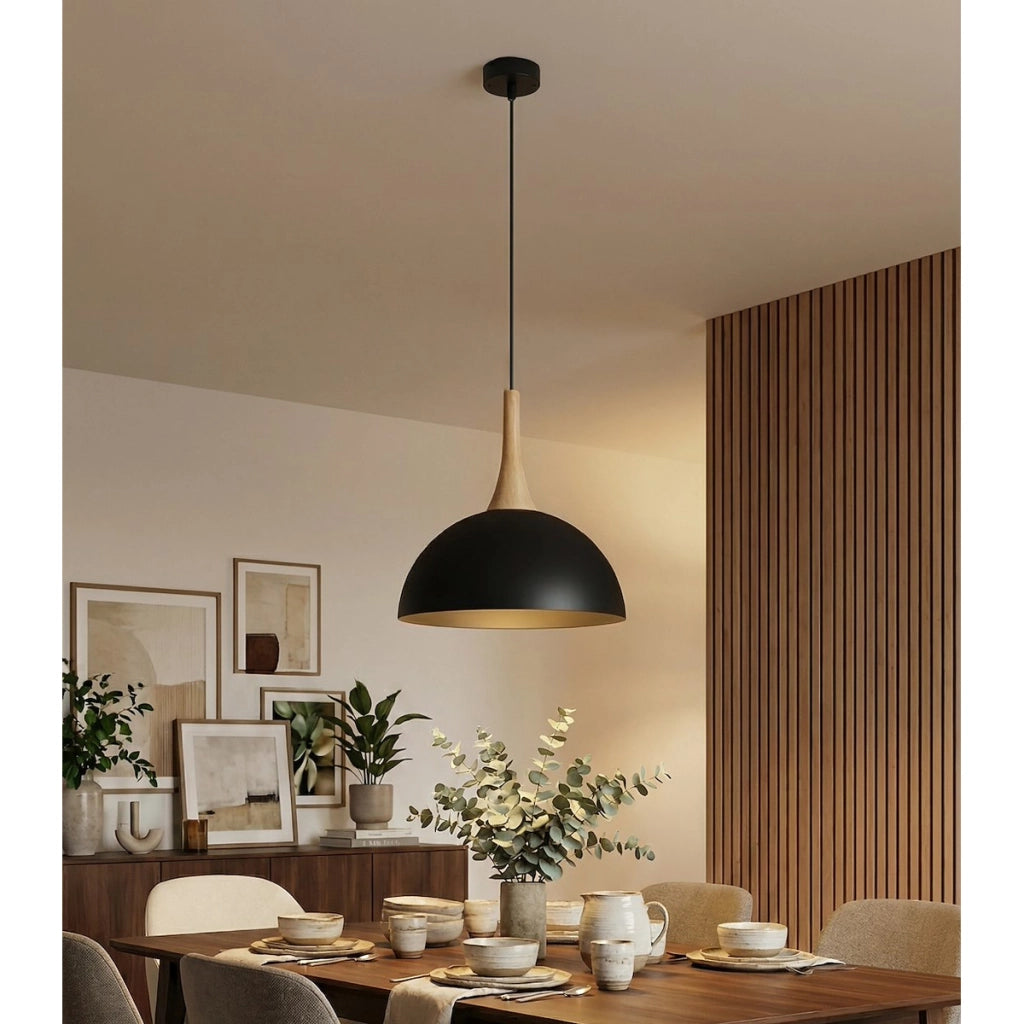 Lampada a sospensione Nautica in acciaio nero opaco e legno