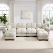 Divano angolare componibile a U a 4 posti in chenille con pouf mobili e cuciture trapuntate beige chiaro